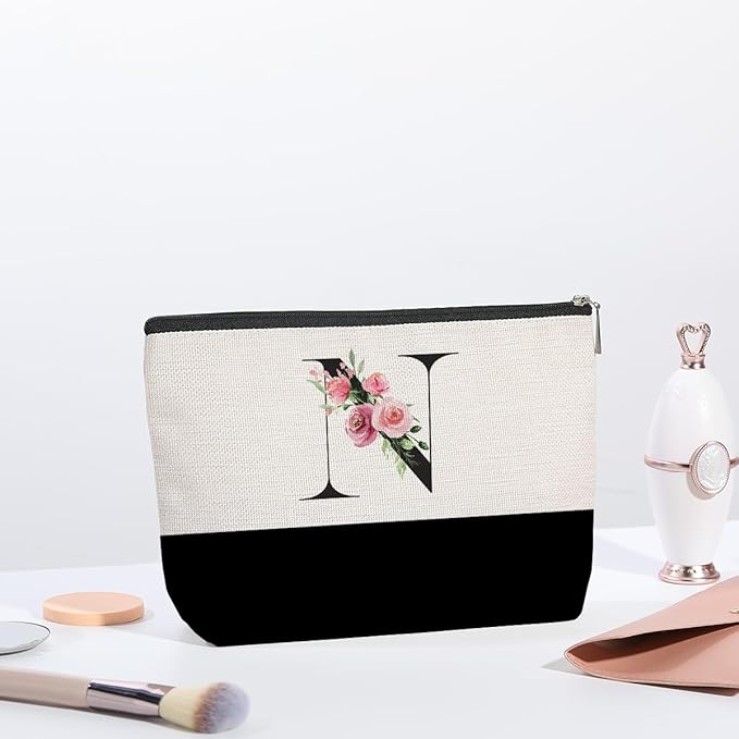 Initial Makeup Bag, Personalized Gifts for Women, Personalized Makeup Bag, Bridesmaid Gifts, Cosmetic bags for Women (Letter N)