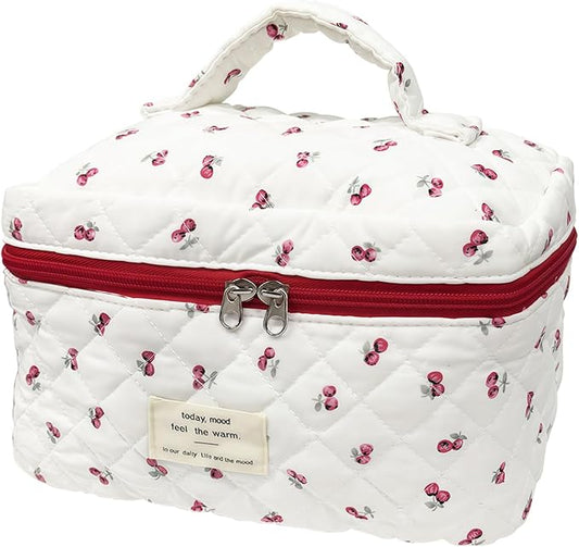 Cute Pink Cherry Quilted Makeup Bag, Large Capacity Travel Cosmetic Bag for Women and Girls, Aesthetic Storage for Daily and Travel Use,or for travel toiletry bag