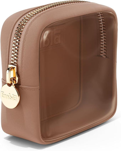 Embla Clear Cosmetic Bag Makeup Case, Clear Zipper Make Up Pouch and Toiletry Travel Tote, Cute Skincare Pouches for Women Girls, Preppy Purse Cosmetic Organizer, Mini Makeup Bags, Mocha Mousse