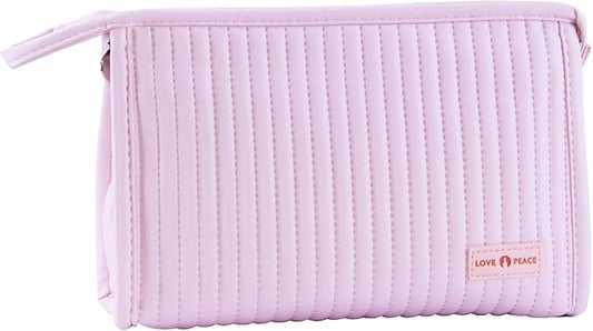 Small Makeup Bag Simple Cosmetic Pouch, Water Resistant PU Striped Leather Portable Travel Toiletry Bag with Handle for Women and Girls (Pink)