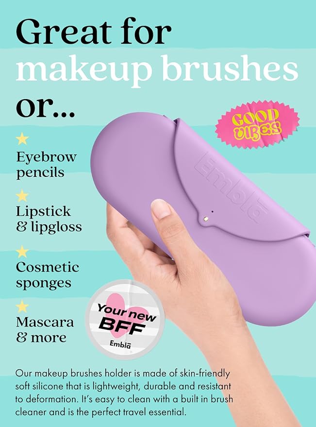 Embla Makeup Brush Holder Travel Cosmetic Case Pouch, Soft Silicone Cosmetic Bag Make Up Brushes Holder with Secure Snap Closure, Travel Makeup Brush Case, Grape