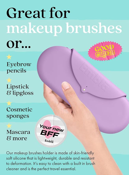 Embla Makeup Brush Holder Travel Cosmetic Case Pouch, Soft Silicone Cosmetic Bag Make Up Brushes Holder with Secure Snap Closure, Travel Makeup Brush Case, Grape