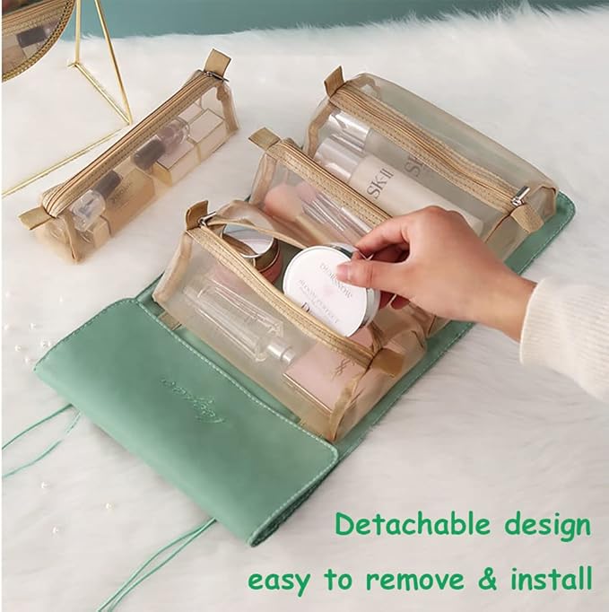 Roll Up Makeup Bag, Hanging Toiletry Bag, 4 in 1 Detachable Cosmetic Bag, 4 Removable Storage Bags, Travel Makeup Organizer Bags for Women Men(Green)