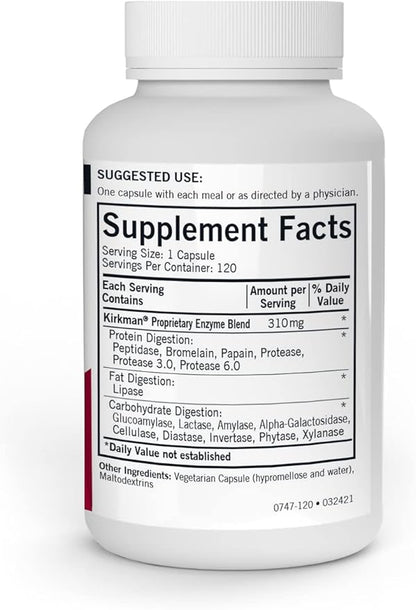 Kirkman - Enzyme Complete/DPP-IV - 120 Capsules - Potent Digestive Aid - Broad Spectrum Digestive Enzyme - Hypoallergenic