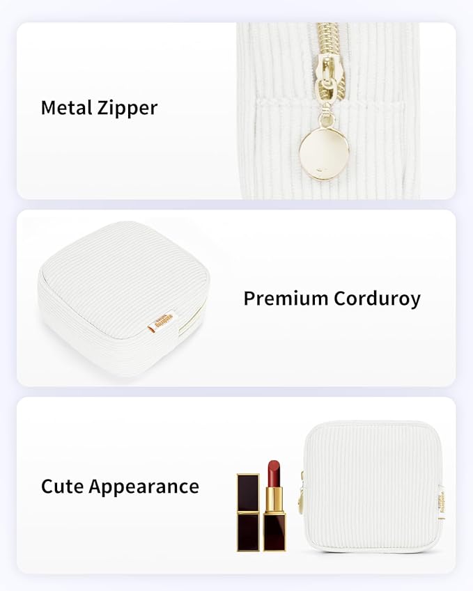 Wandering Nature Small Makeup Bag for Purse Mini Make up Pouch Cute Cosmetic Pouch for Women with Slip-in Pockets Corduroy, Beige