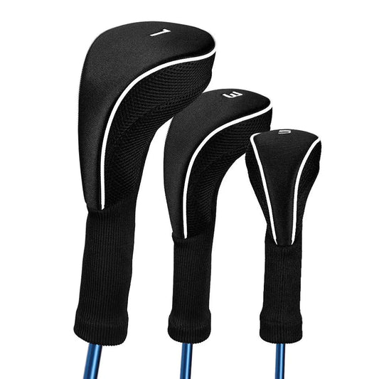 Black Golf Club Head Cover for Driver Fairway 3 Pcs Woods Headcovers, Golf Accessories Hybrid Head Covers Set with Interchangeable Tags 3 4 5 7 X