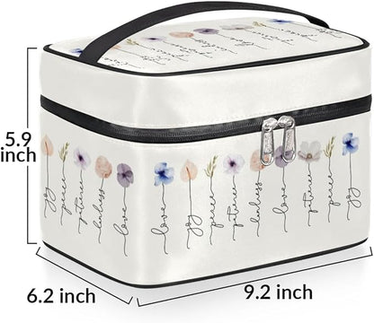 Large Makeup Bag Travel Cosmetic Bags for Women Watercolor Vintage Boho Spring Flower Floral Makeup Organizer Case Toiletry Bag for Girls Traveling Wide Open Portable Pouch with Handle