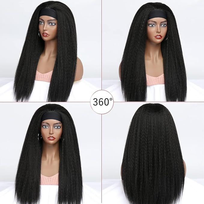 Headband Wigs Human Hair 180% Density 12A Kinky Straight Human Hair Headband Wigs For Black Women Yaki Straight Human Hair Wigs With Headband Attached Half Wig Natural Black Color 26 Inch