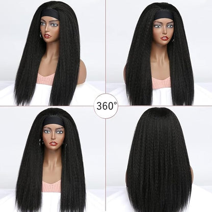 Headband Wigs Human Hair 180% Density 12A Kinky Straight Human Hair Headband Wigs For Black Women Yaki Straight Human Hair Wigs With Headband Attached Half Wig Natural Black Color 26 Inch