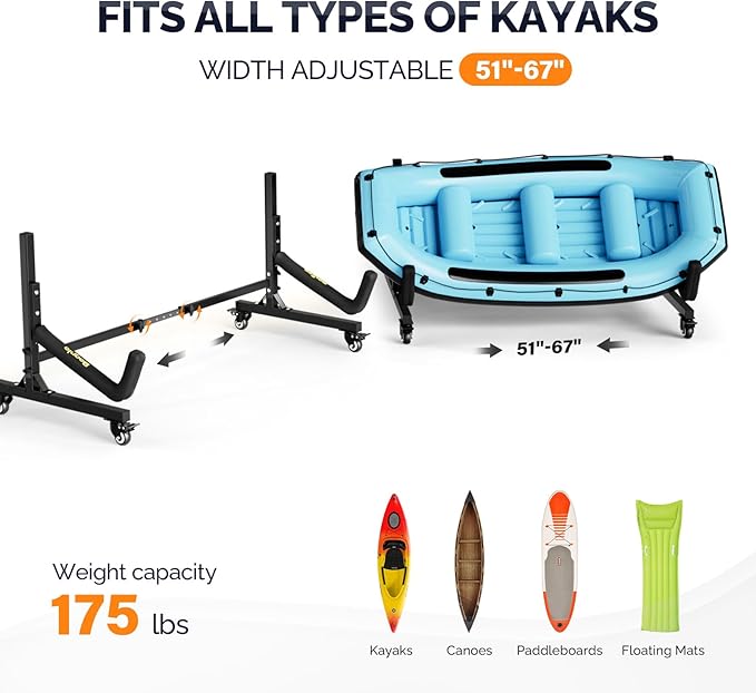 Bonnlo Kayak Stand Freestanding Storage Rack for Kayak Canoe Boat Paddle Board SUP Surfboard for Indoor Outdoor Garage, Shed, Dock with Lockable Wheels Wide Adjustable
