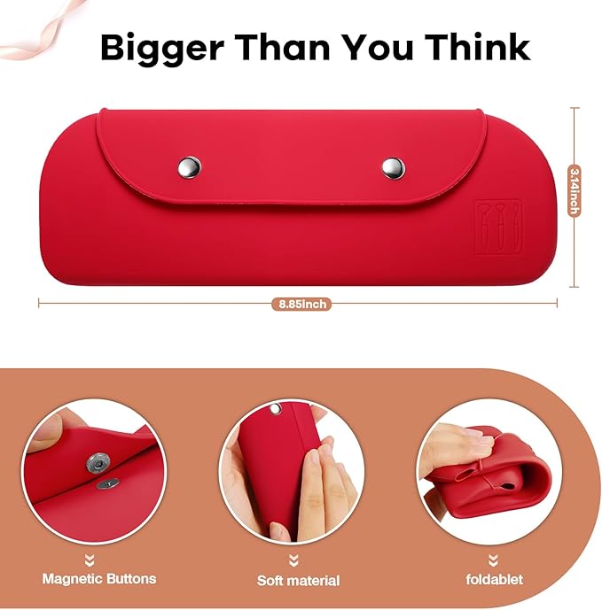 Travel Makeup Brush Holder，Silicone Makeup Brush Holder ，Portable Cosmetic Organiser with Two Upgraded Anti-fall Off Magnetic Clips ， foldable, large capacity-Red