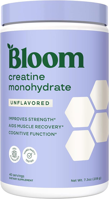 Bloom Nutrition Creatine Monohydrate Powder, 5g Micronized Creatine per Serving, Supports Muscle Recovery, Strength, Endurance, Pre or Post Workout, Gluten Free, Non GMO, Unflavored, 40 SVG, 7.3 oz