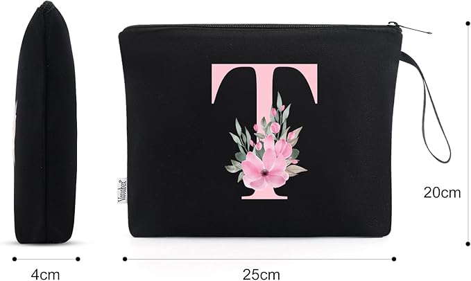 Vavabox A-Z Personalized Makeup Bag, Birthday Gifts for Women Mom, Gifts for Best Friend, Bride Bridesmaid Cosmetic bag (T, Black)