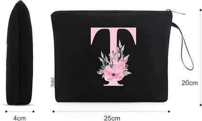 Vavabox A-Z Personalized Makeup Bag, Birthday Gifts for Women Mom, Gifts for Best Friend, Bride Bridesmaid Cosmetic bag (T, Black)