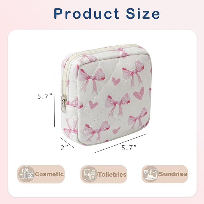 Small Quilted Cotton Makeup Bag for Purse, Cosmetic Bag with Compartments, Cotton Aesthetic Makeup Bag, Travel Toiletry Pouch, Lipstick Bag Card Holder Data Cable Organizer (12Heart Bow)