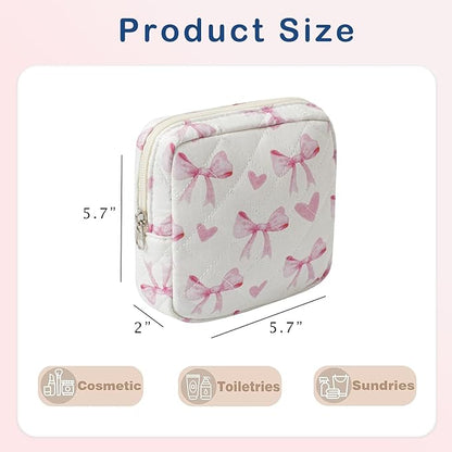 Small Quilted Cotton Makeup Bag for Purse, Cosmetic Bag with Compartments, Cotton Aesthetic Makeup Bag, Travel Toiletry Pouch, Lipstick Bag Card Holder Data Cable Organizer (12Heart Bow)