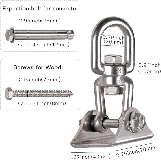 Heavy Duty 360° Swivel Swing Hanger, Stainless Steel Hammock Hook for Ceiling Wooden Porch Swing Hanging kit Playground Gym Rope Boxing Bag Hammock Chair Yoga Mount 1000 lb Capacity