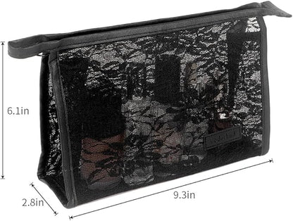 fashion portable cosmetic bag,Visible large capacity Nylon storage bag, for Business Travel bath, Unisex (black 3pcs set) (purpose made Lace Mesh triangular zippered cosmetic bag)