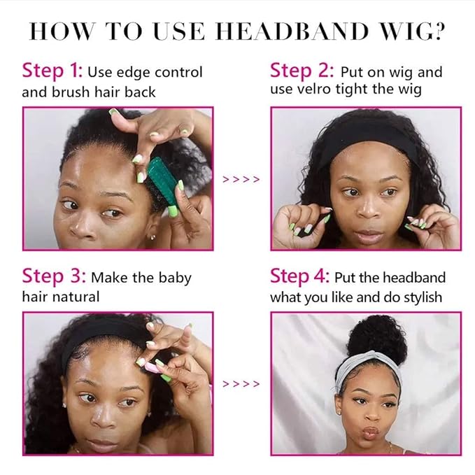 Headband Wigs Human Hair 180% Density 12A Kinky Straight Human Hair Headband Wigs For Black Women Yaki Straight Human Hair Wigs With Headband Attached Half Wig Natural Black Color 22 Inch