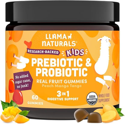 Llama Naturals Real Fruit Prebiotic & Probiotic Kids Gummies | No Added Sugar Cane | Vegan Organic Synbiotics | Children Digestion, Toddler Probiotic 2B CFU | 60 ct, 30-60 Days | Peach Mango