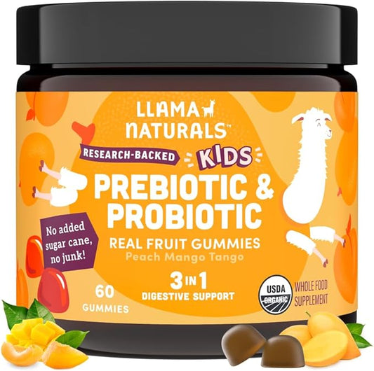 Llama Naturals Real Fruit Prebiotic & Probiotic Kids Gummies | No Added Sugar Cane | Vegan Organic Synbiotics | Children Digestion, Toddler Probiotic 2B CFU | 60 ct, 30-60 Days | Peach Mango