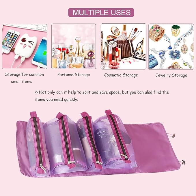 Roll Up Makeup Bag, Hanging Toiletry Bag, 4 in 1 Detachable Cosmetic Bag, 4 Removable Storage Bags, Travel Makeup Organizer Bags for Women Men(Purple)