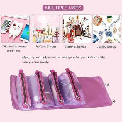 Roll Up Makeup Bag, Hanging Toiletry Bag, 4 in 1 Detachable Cosmetic Bag, 4 Removable Storage Bags, Travel Makeup Organizer Bags for Women Men(Purple)
