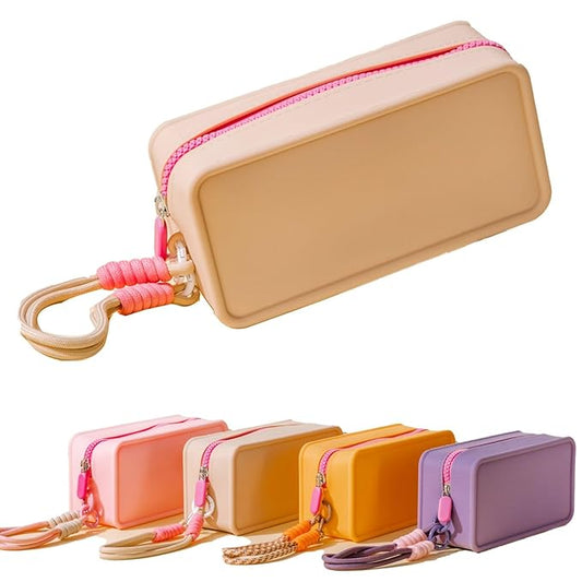 Travistar Silicone Travel Makeup Bag - Small Make Up Pouch Portable Cosmetic Bag Travel Makeup Organizer Bag Waterproof Toiletry Bag Womens Brush Holder Bag with Zipper Closure Small Size Khaki