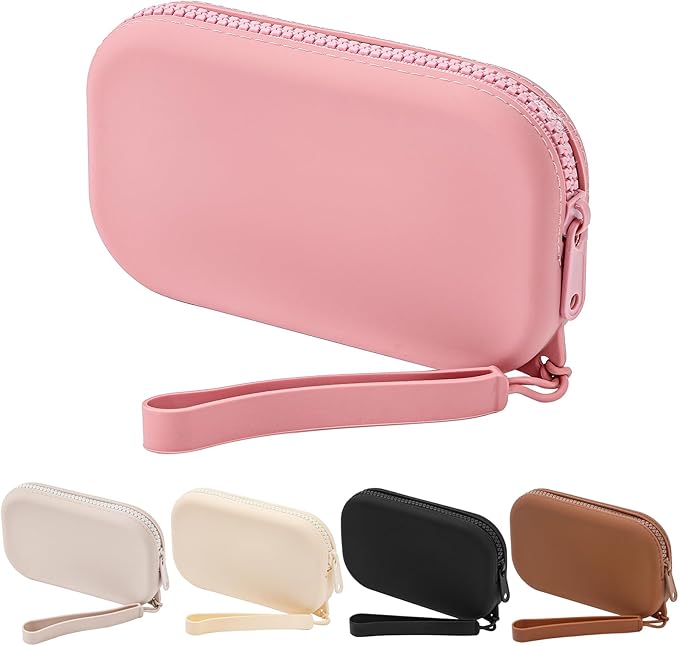 Portable Silicone Makeup Bag for Women, Small Travel Waterproof Toiletry Cosmetic Bag, Zipper Closure Organizer Makeup Case with Handle (Brick Red)