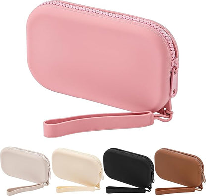 Portable Silicone Makeup Bag for Women, Small Travel Waterproof Toiletry Cosmetic Bag, Zipper Closure Organizer Makeup Case with Handle (Brick Red)