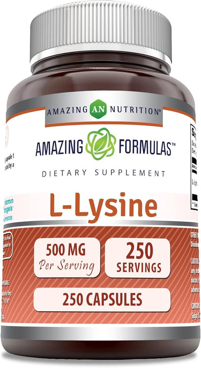 Amazing Formulas L-Lysine 500mg 250 Capsules Amino Acid Supplement | Non-GMO | Gluten Free | Made in USA
