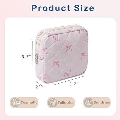 Small Quilted Cotton Makeup Bag for Purse, Cosmetic Bag with Compartments, Cotton Aesthetic Makeup Bag, Travel Toiletry Pouch, Lipstick Bag Card Holder Data Cable Organizer (11Small pink bow)