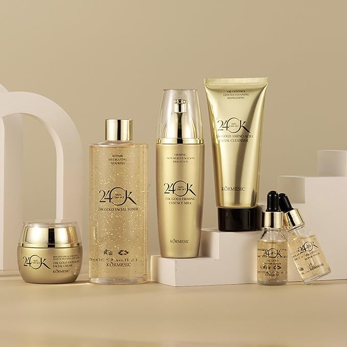 24K Gold Skin Care Set 6-Piece Collection 24K Skincare Set with Facial Cleanser, Face Serum 2pcs, Eye Cream, Essence Milk, Toner, Anti-Aging Skin Care Kit For Women
