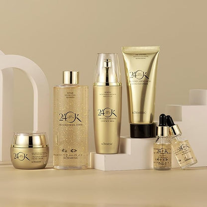 24K Gold Skin Care Set 6-Piece Collection 24K Skincare Set with Facial Cleanser, Face Serum 2pcs, Eye Cream, Essence Milk, Toner, Anti-Aging Skin Care Kit For Women