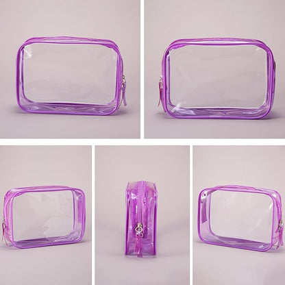 Clear Plastic Violet Zippered Toiletry Carry Pouch TSA Approved Toiletry Bag Portable Cosmetic Makeup Bag for Vacation, Bathroom and Organizing (Violet 3Pcs, Small)