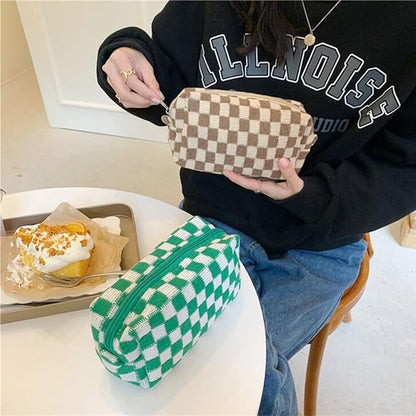 SxoSyo 2 Pcs Cosmetic Bags for Women Makeup Bag Purse Travel Toiletry Zipper Storage Pouch Make up Brushes Organizer for Gifts (Checkered, Brown 2)