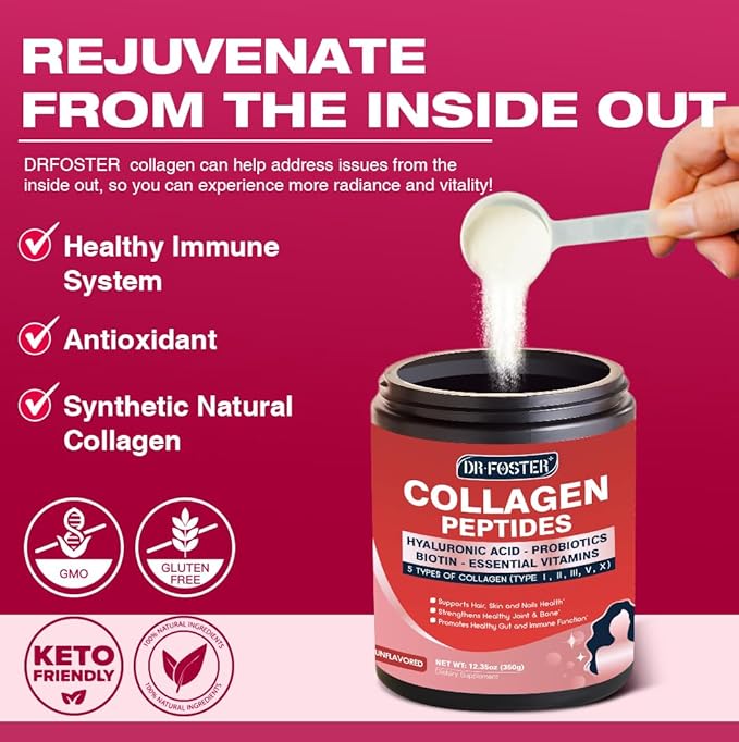 Multi Collagen Peptides Powder - Type I II III V X - Hydrolyzed Collagen Peptides with Multivitamins, Hyaluronic Acid & Biotin - Support Skin Hair Nail Joints & Gut