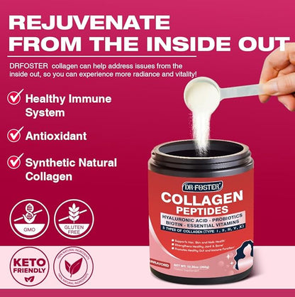 Multi Collagen Peptides Powder - Type I II III V X - Hydrolyzed Collagen Peptides with Multivitamins, Hyaluronic Acid & Biotin - Support Skin Hair Nail Joints & Gut