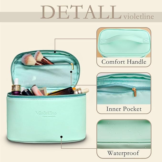 Travel Cosmetic Bag for Women, PU Leather Cosmetic Bag Set of 2, Waterproof, Large Makeup Bag with Handle (Turquoise makeup bag)