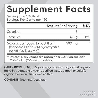 Sports Research Garcinia Cambogia Extract (60% HCA) with Extra Virgin Organic Coconut Oil | Non-GMO, Soy & Gluten Free (180 Liquid Softgels)