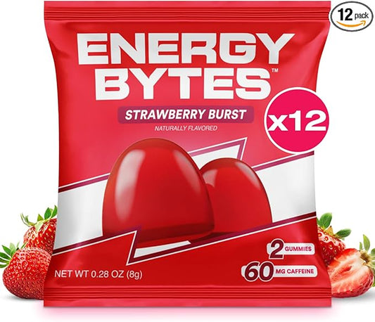 Energy Bytes Caffeine Gummies | Instant Energy Chews for Running, Cycling and Sports Performance | Vegan, Low Sugar | Strawberry Burst (12-Pack)