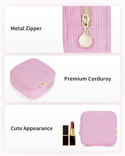 Wandering Nature Small Makeup Bag for Purse Mini Make up Pouch Cute Cosmetic Pouch for Women with Slip-in Pockets Corduroy, Pink