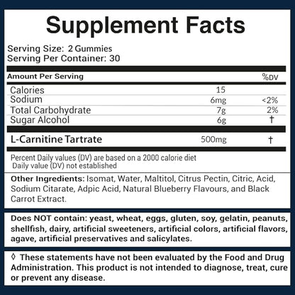 500mg L-Carnitine Gummies | L Carnitine Tartrate Pre Workout Supplement for Women and Men | Non-GMO, Vegan, Gluten-Free | Natural Blueberry Flavored Gummies… (60 Count)