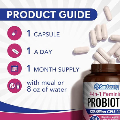 Probiotics for Women, 120 Billion CFU 34 Strains, Prebiotics, Digestive Enzymes, Cranberry, 4-in-1 Feminine Probiotic, Digestive, Vaginal, Immune Support, 30ct