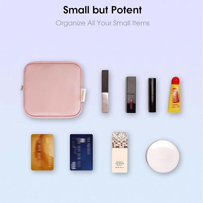 Wandering Nature Small Makeup Bag for Purse Mini Make up Pouch Cute Cosmetic Pouch for Women with Slip-in Pockets Matte Leather, Pink