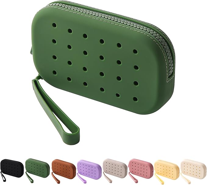 Portable Silicone Makeup Bag for Women, Small Travel Toiletry Cosmetic Bag with Decorative Holes, Zipper Closure Organizer Makeup Case with Handle (Green)