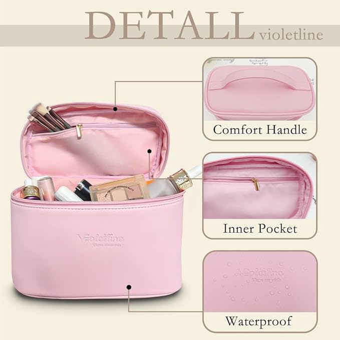 Travel Cosmetic Bag for Women, PU Leather Cosmetic Bag Set of 2, Waterproof, Large Makeup Bag with Handle (Light pink makeup bag)
