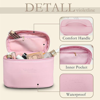 Travel Cosmetic Bag for Women, PU Leather Cosmetic Bag Set of 2, Waterproof, Large Makeup Bag with Handle (Light pink makeup bag)