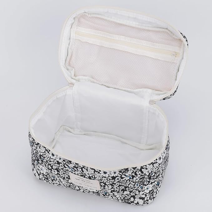 Quilted Makeup Bag Set 3 Pcs Cotton Cute Makeup Bags For Women Large Aesthetic Floral Cosmetic Bag Coquette Flower Makeup Pouch