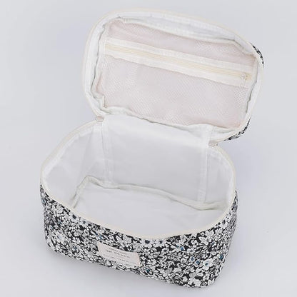 Quilted Makeup Bag Set 3 Pcs Cotton Cute Makeup Bags For Women Large Aesthetic Floral Cosmetic Bag Coquette Flower Makeup Pouch